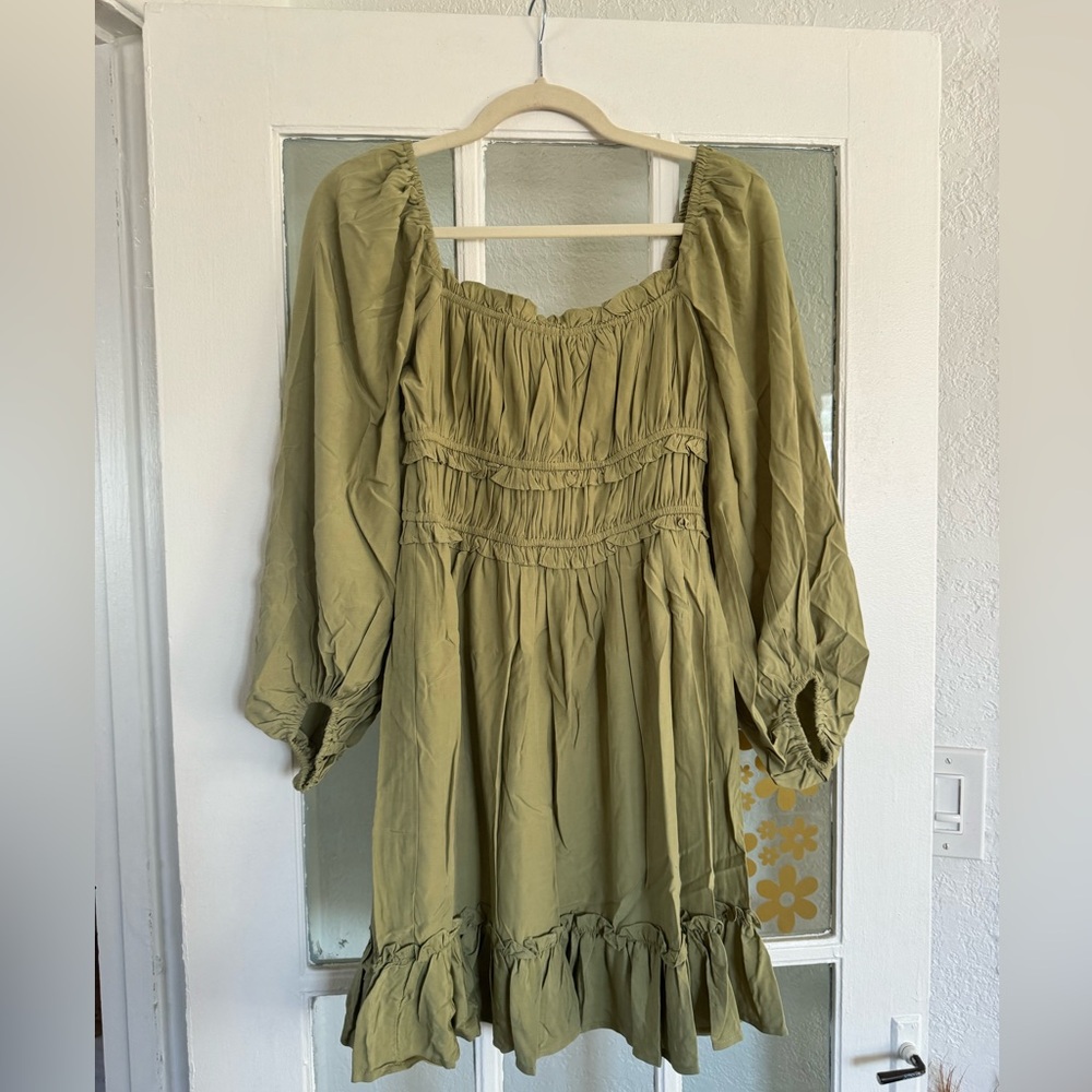 LONG SLEEVE SQUARE NECK RUCHED RUFFLE MINI DRESS
